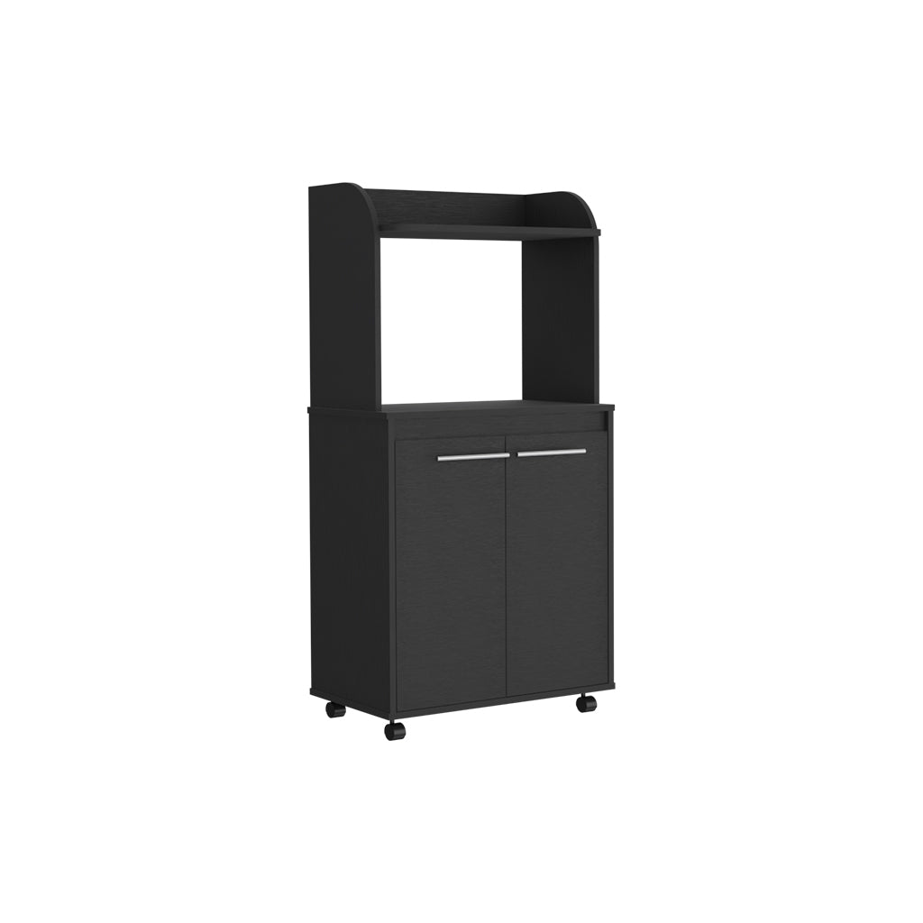 Kitchen Cart Totti, Double Door Cabinet, One Open Shelf, Two Interior Shelves, Black Wengue Finish White Particle Board