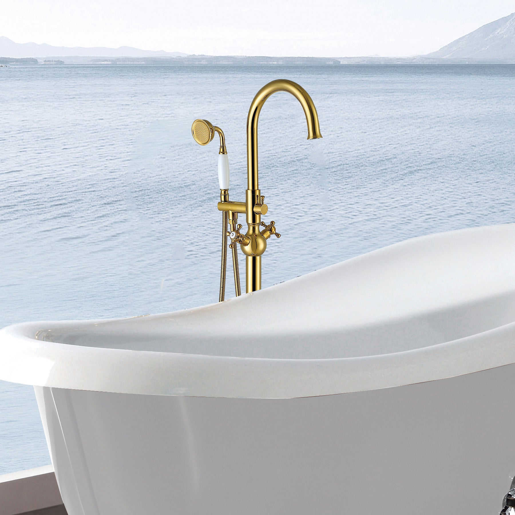 Freestanding Bathtub Faucet With Hand Shower Gold Metal