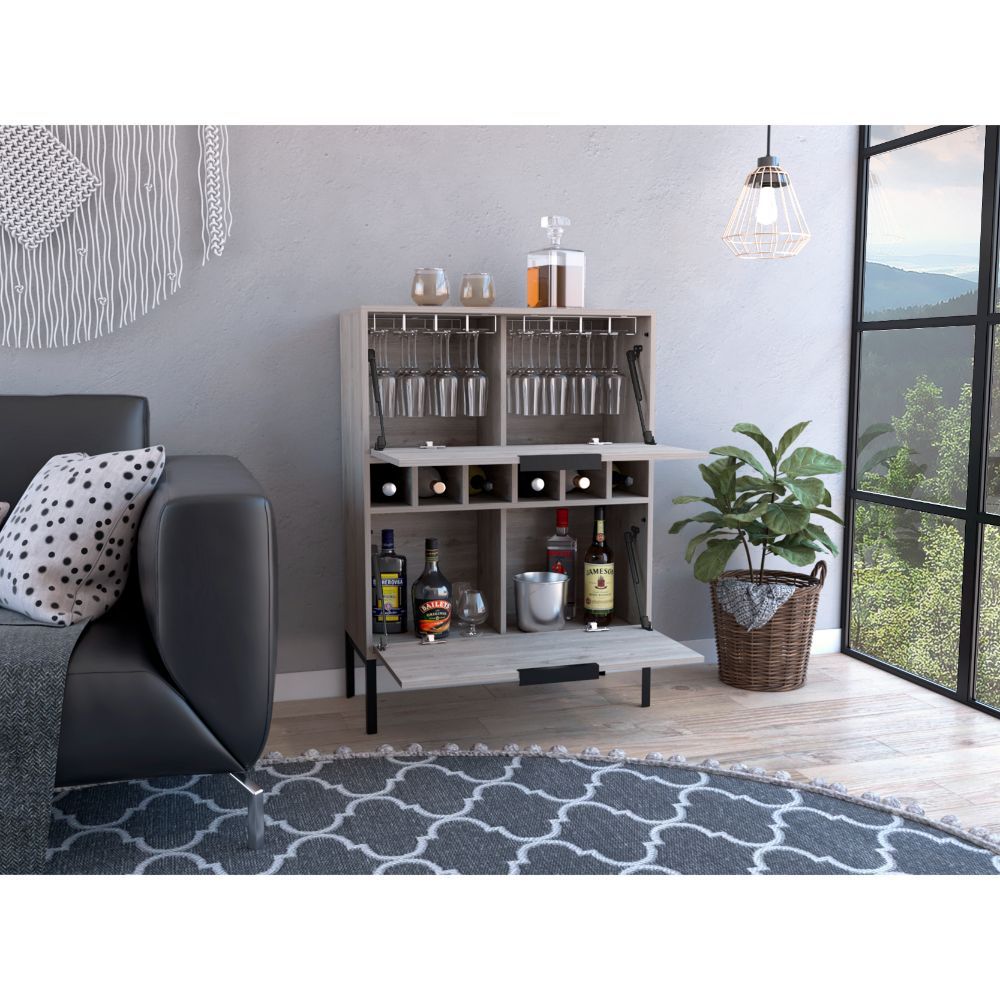 Bar Cabinet Puertu, Six Wine Cubbies, Double Door Cabinet, Light Gray Finish Light Gray Particle Board