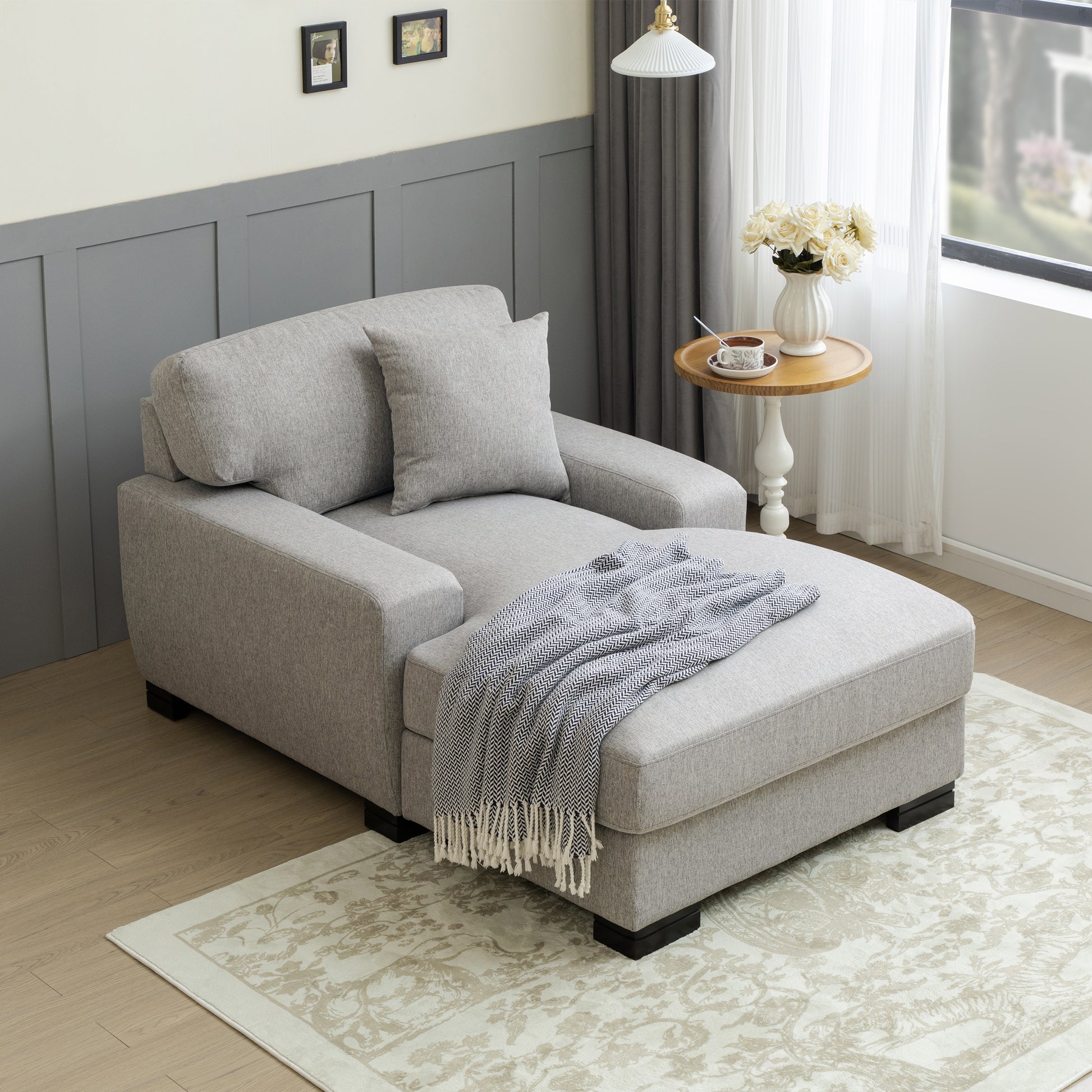 Modern Mid Century Indoor Oversized Chaise Lounger Comfort Sleeper Sofa With Pillow And Soild Wood Legs, Linen, Gray Gray Linen