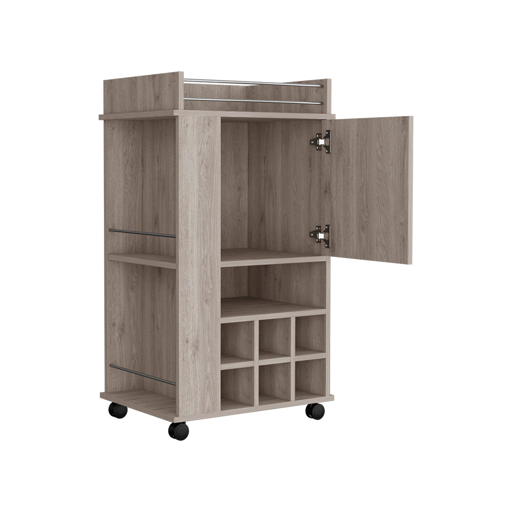 Bar Cart With Casters Reese, Six Wine Cubbies And Single Door, Light Gray Finish Light Gray Particle Board