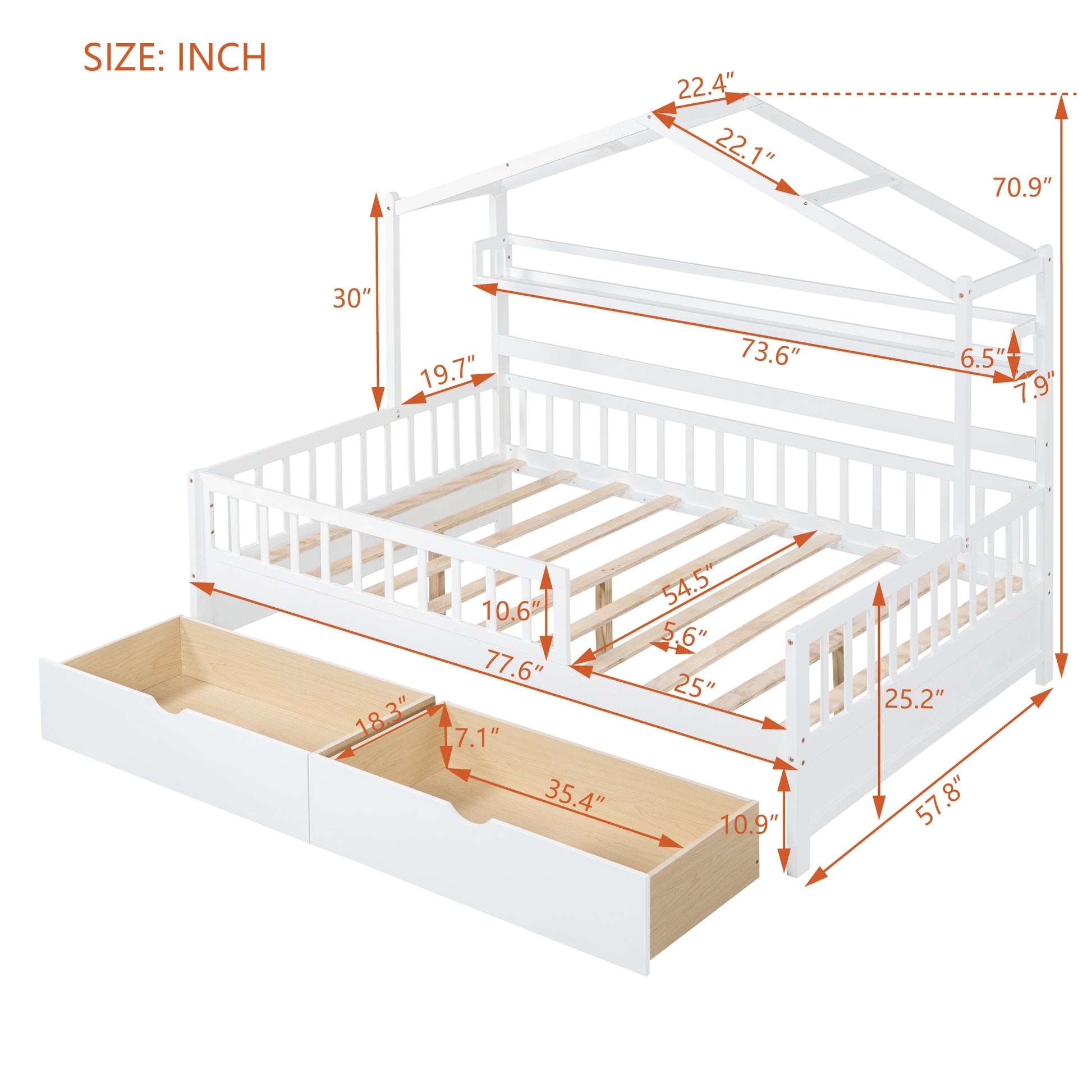 Wooden Full Size House Bed With 2 Drawers,Kids Bed With Storage Shelf, White White Wood