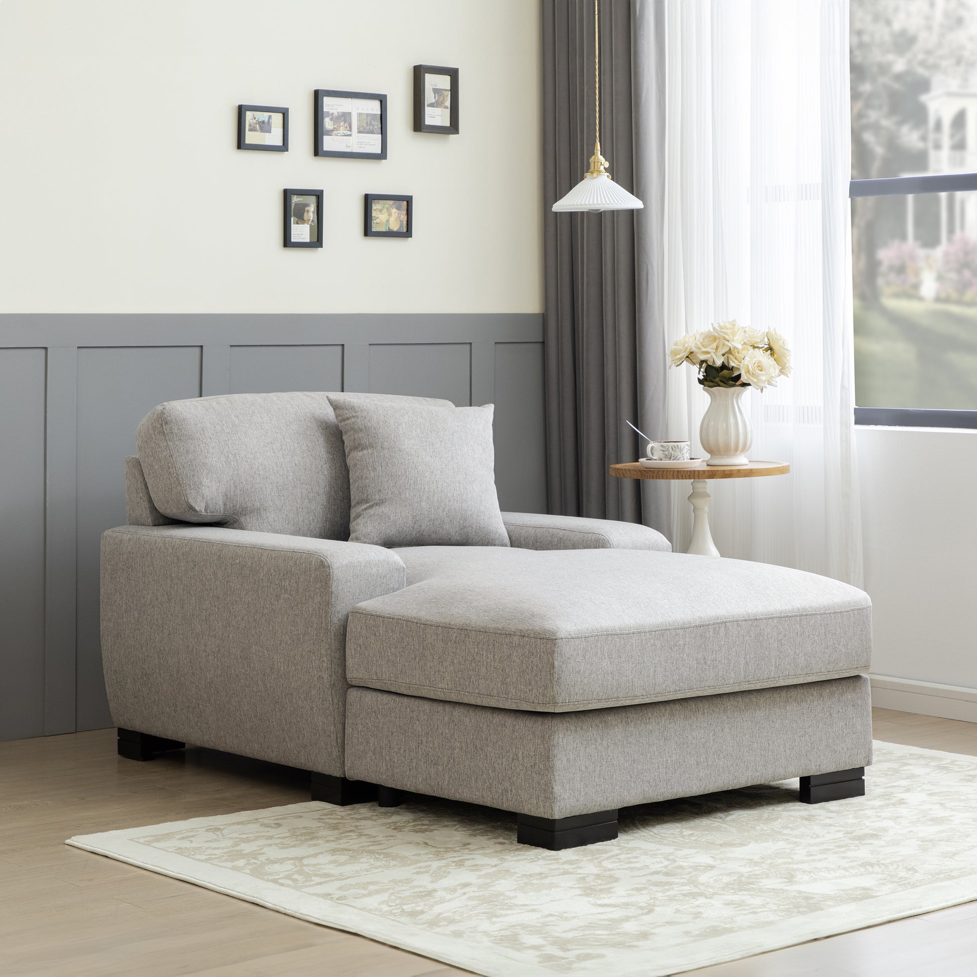 Modern Mid Century Indoor Oversized Chaise Lounger Comfort Sleeper Sofa With Pillow And Soild Wood Legs, Linen, Gray Gray Linen