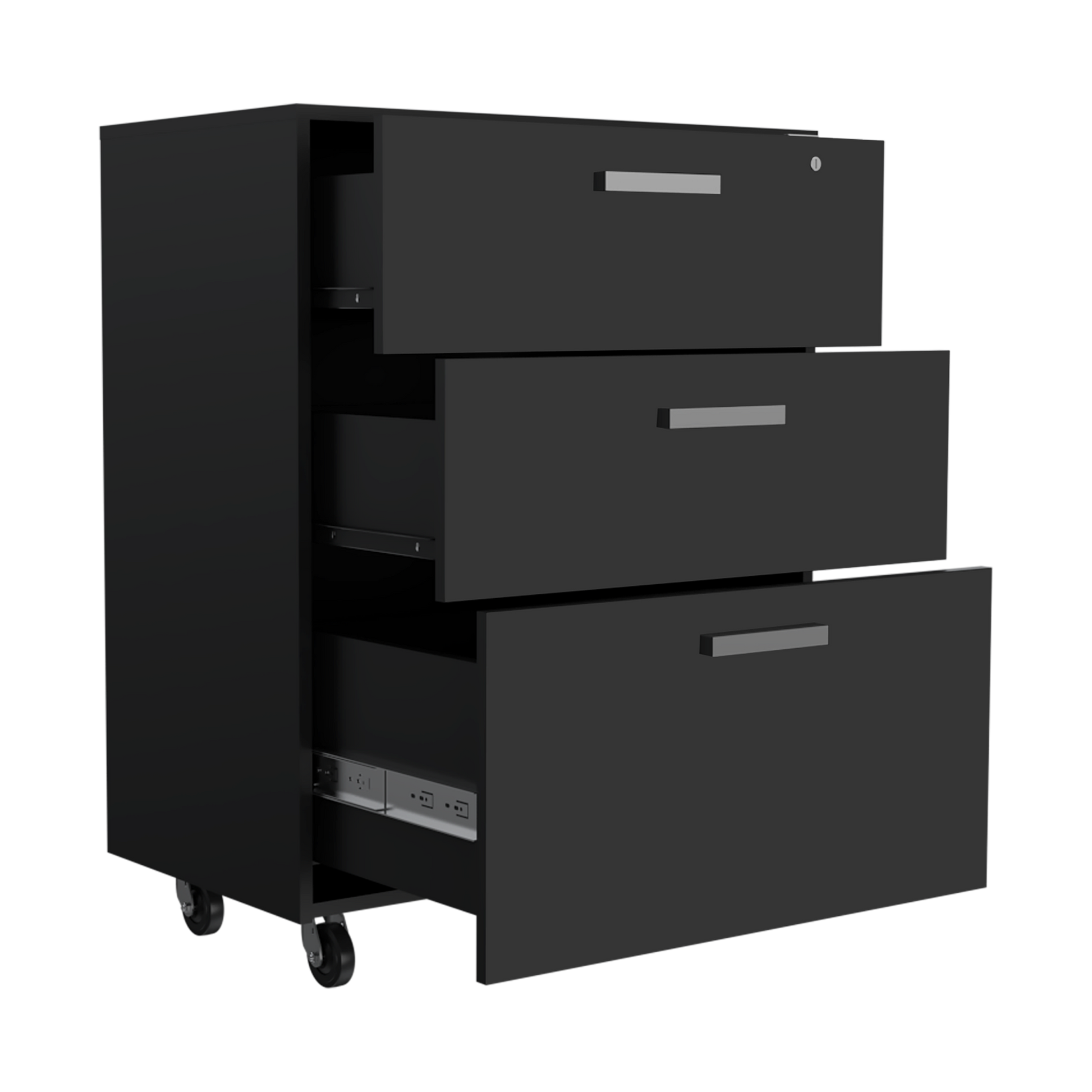 3 Drawers Storage Cabinet With Casters Lions Office, Black Wengue Finish Gray Particle Board