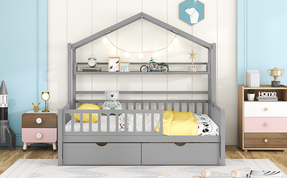 Wooden Full Size House Bed With 2 Drawers,Kids Bed With Storage Shelf, Gray Gray Wood