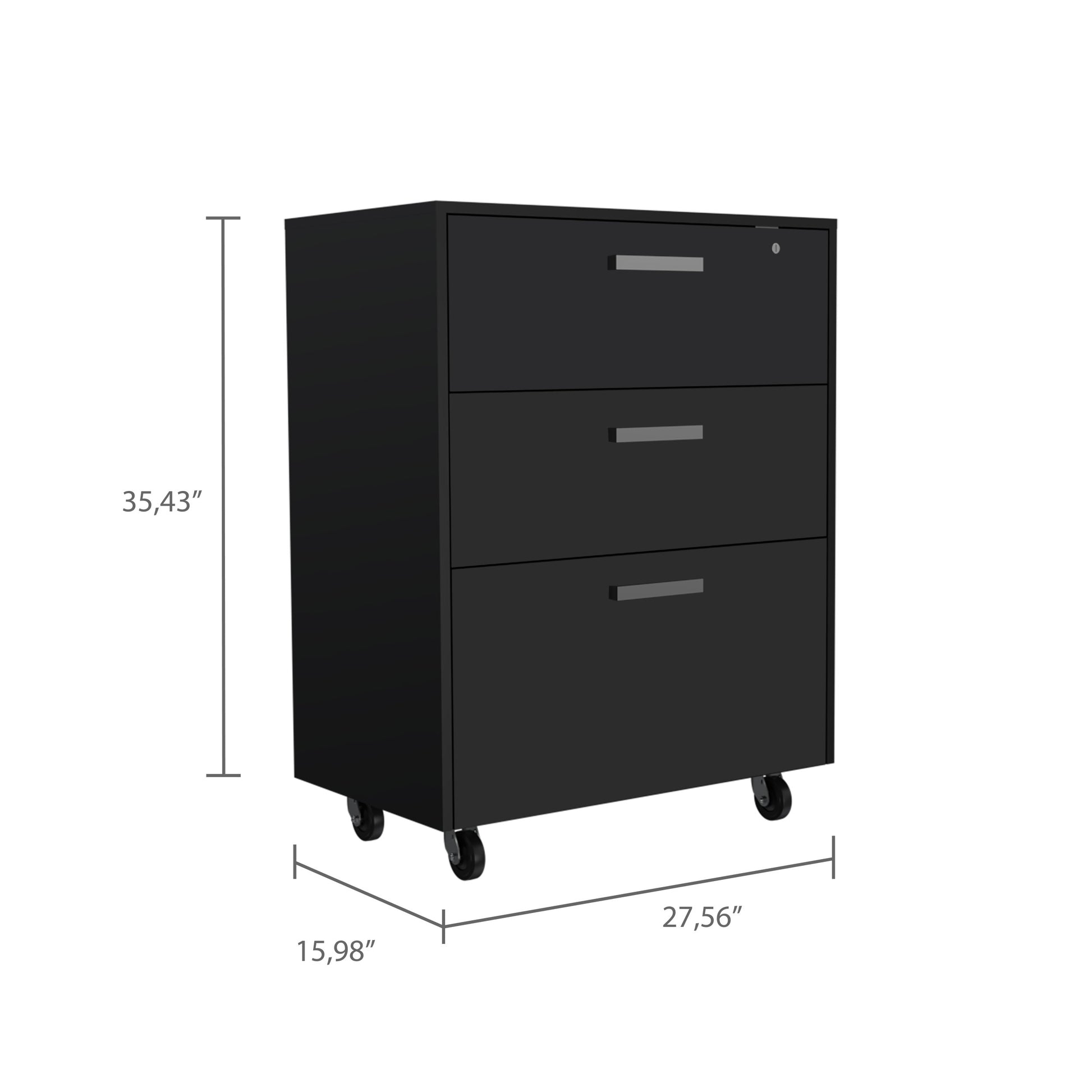 3 Drawers Storage Cabinet With Casters Lions Office, Black Wengue Finish Gray Particle Board