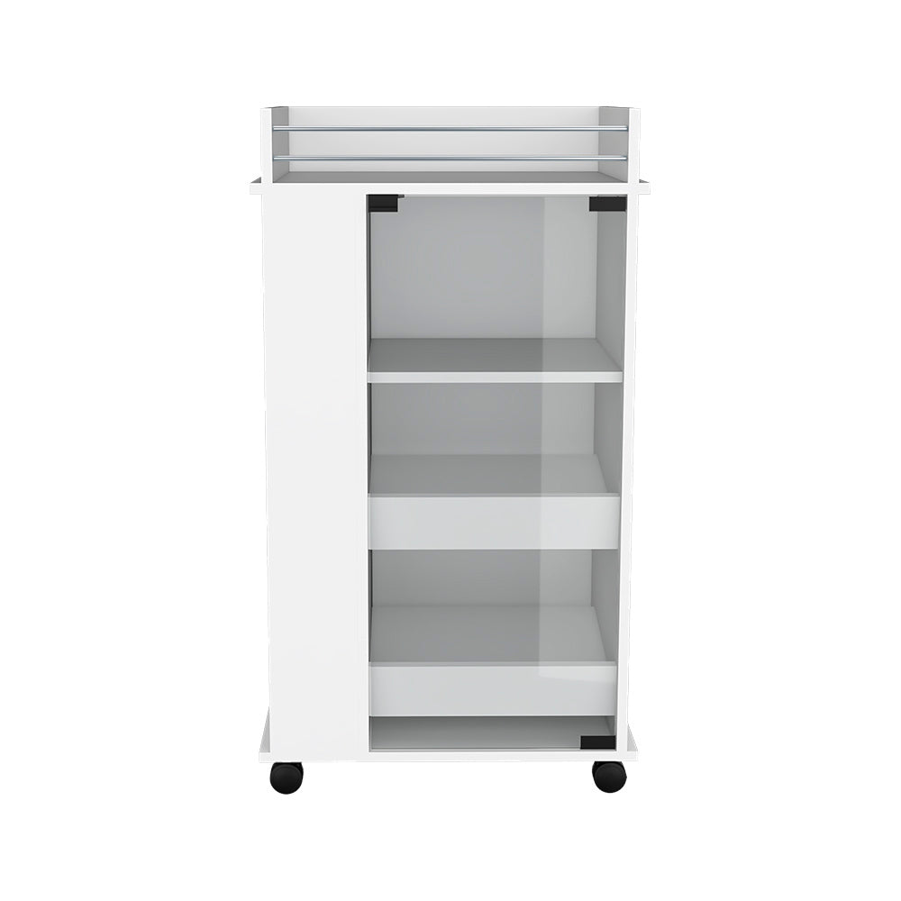 Bar Cart With Two Side Shelves Beaver, Glass Door And Upper Surface, White Finish White Particle Board