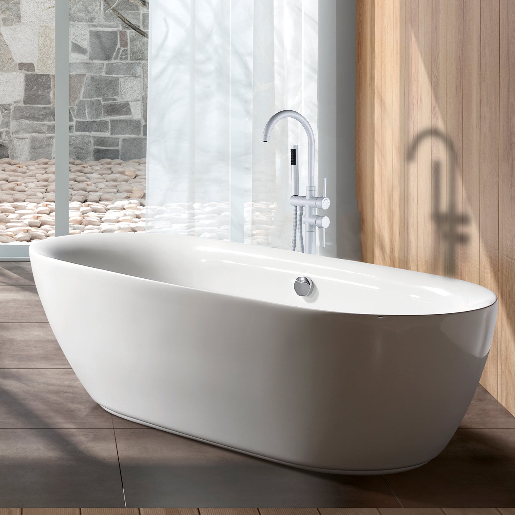 Freestanding Bathtub Faucet With Hand Shower White Metal