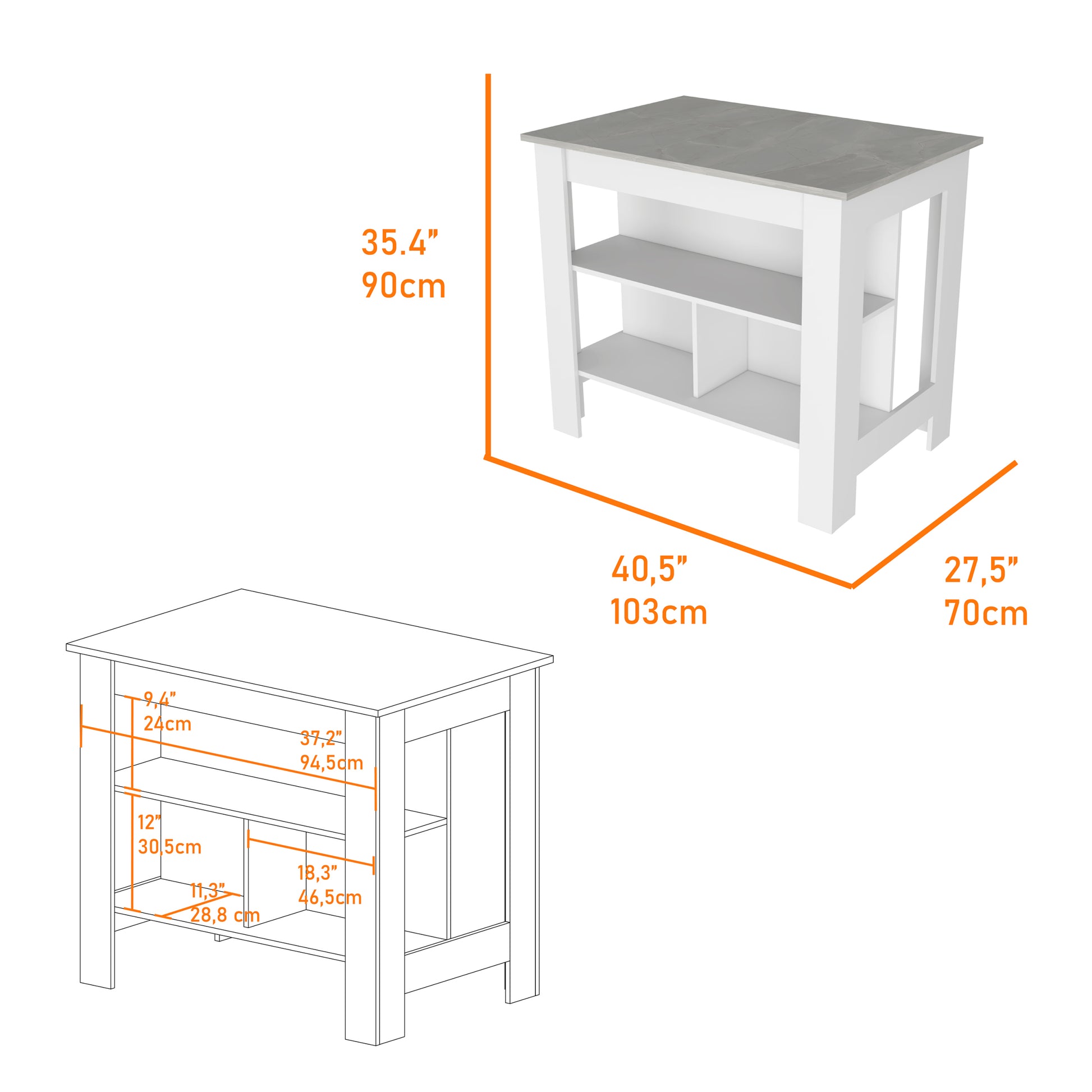 Kitchen Island Dozza, Three Shelves, White Ibiza Marble Color Finish Multicolor Particle Board