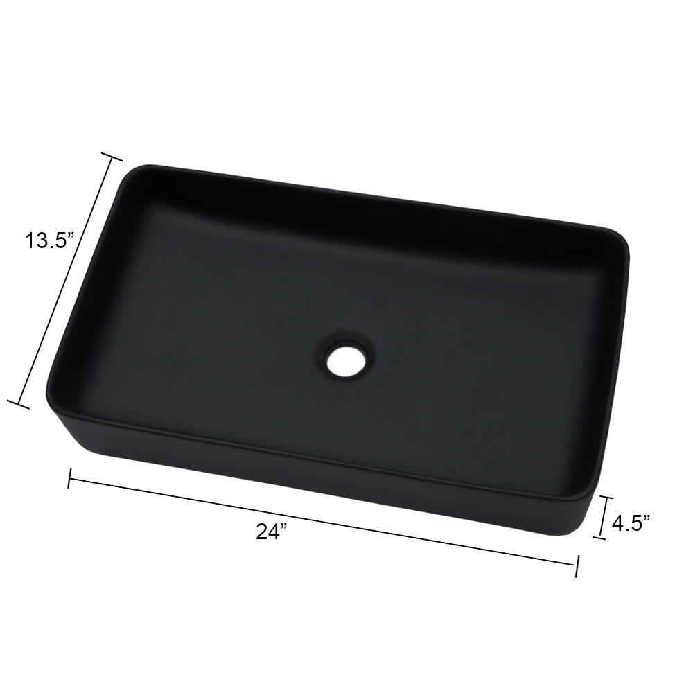 24"X13.5" Black Ceramic Rectangular Vessel Bathroom Sink Black Ceramic