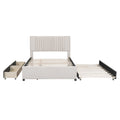 Full Size Upholstered Platform Bed With 2 Drawers And 1 Twin Size Trundle, Classic Headboard Design, Beige Full Beige Linen