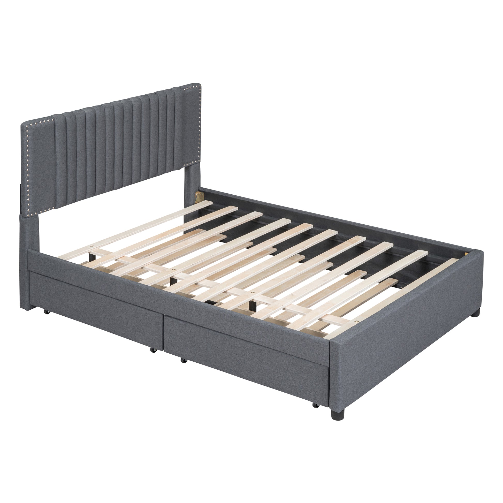Full Size Upholstered Platform Bed With 2 Drawers And 1 Twin Size Trundle, Classic Headboard Design, Gray Gray Linen