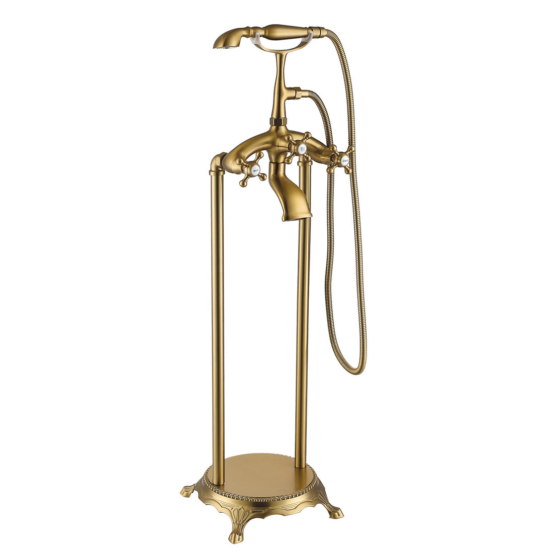 Freestanding Bathtub Faucet With Hand Shower Brushed Gold Metal