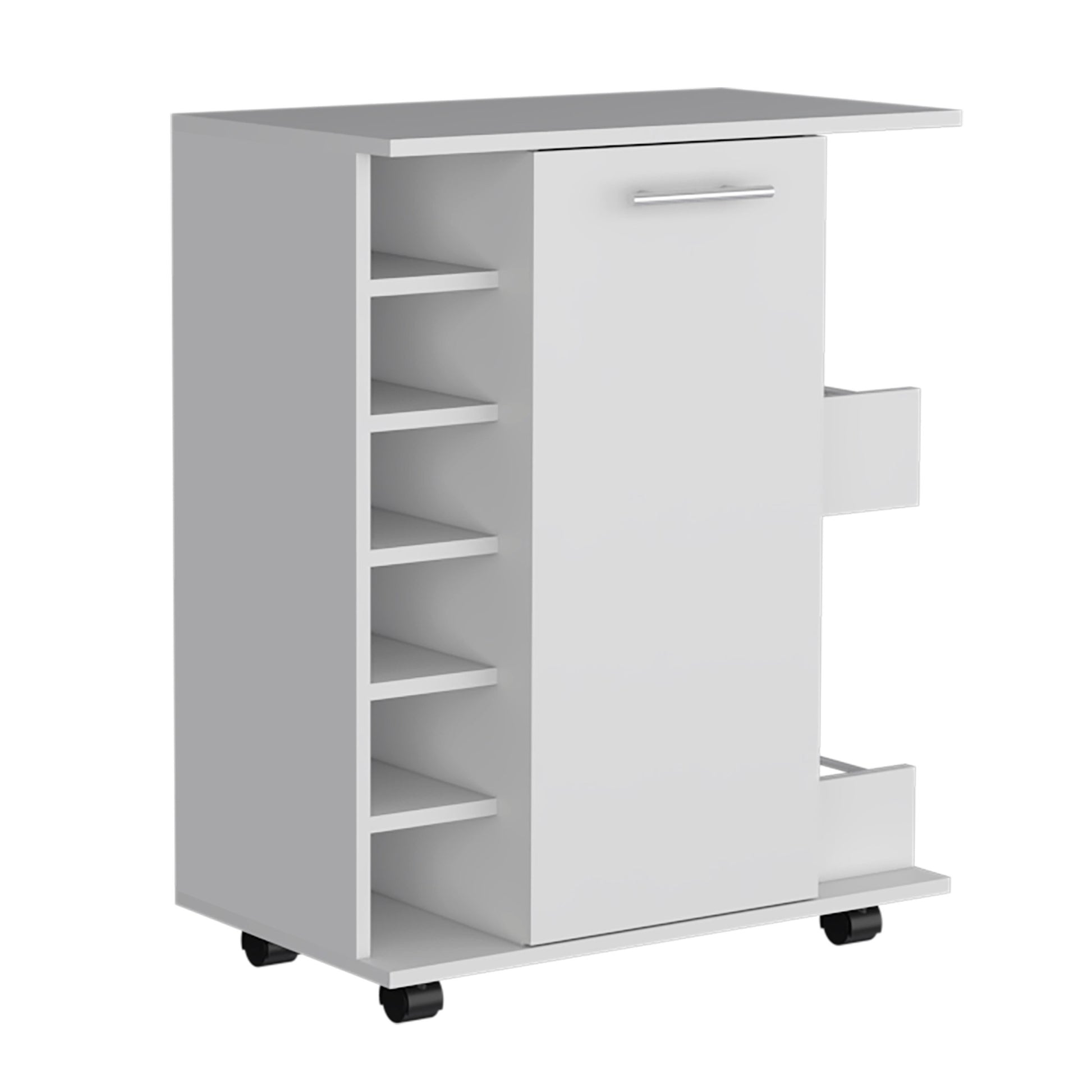 Bar Cart With Six Wine Cubbies Cabot, Two Side Storage Shelves And Casters, White Finish White Particle Board