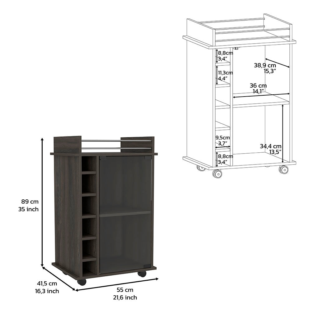 Bar Cart Baltimore, Six Wine Cubbies, Carbon Espresso Finish Espresso Particle Board