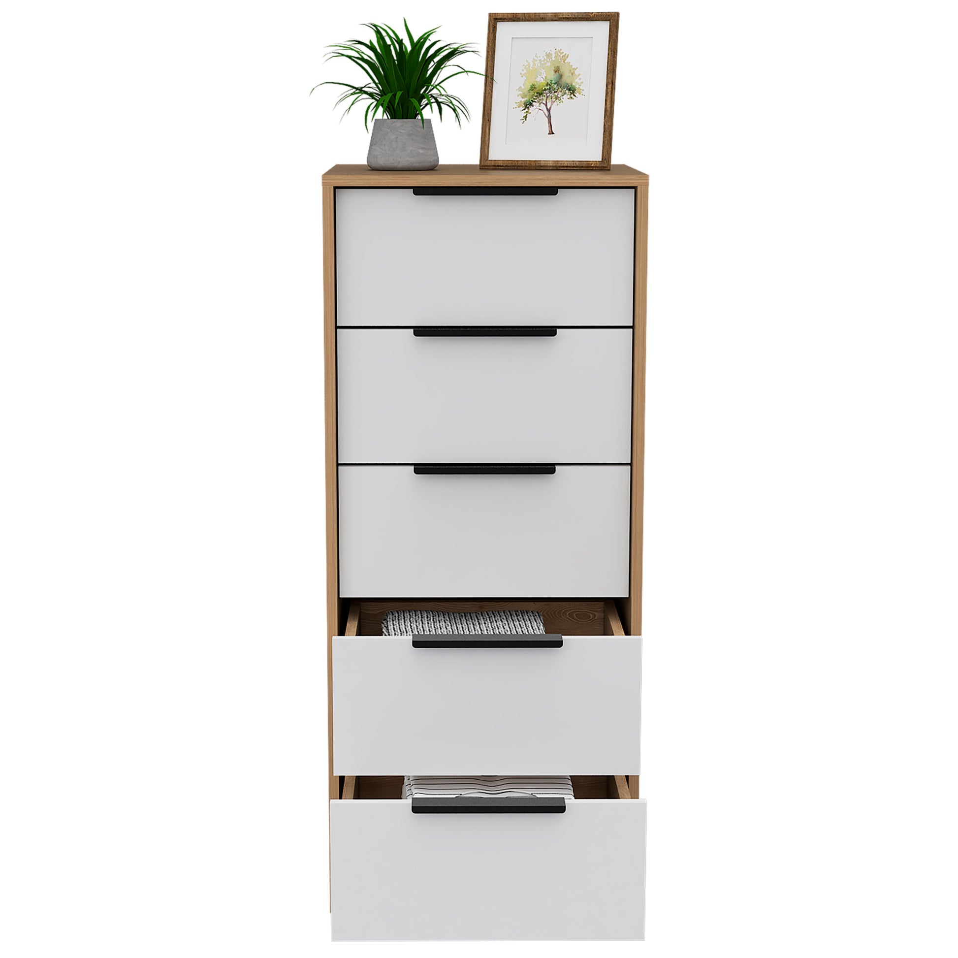 5 Drawers Dresser Maryland, Metal Handle, White Pine Finish Multicolor Particle Board