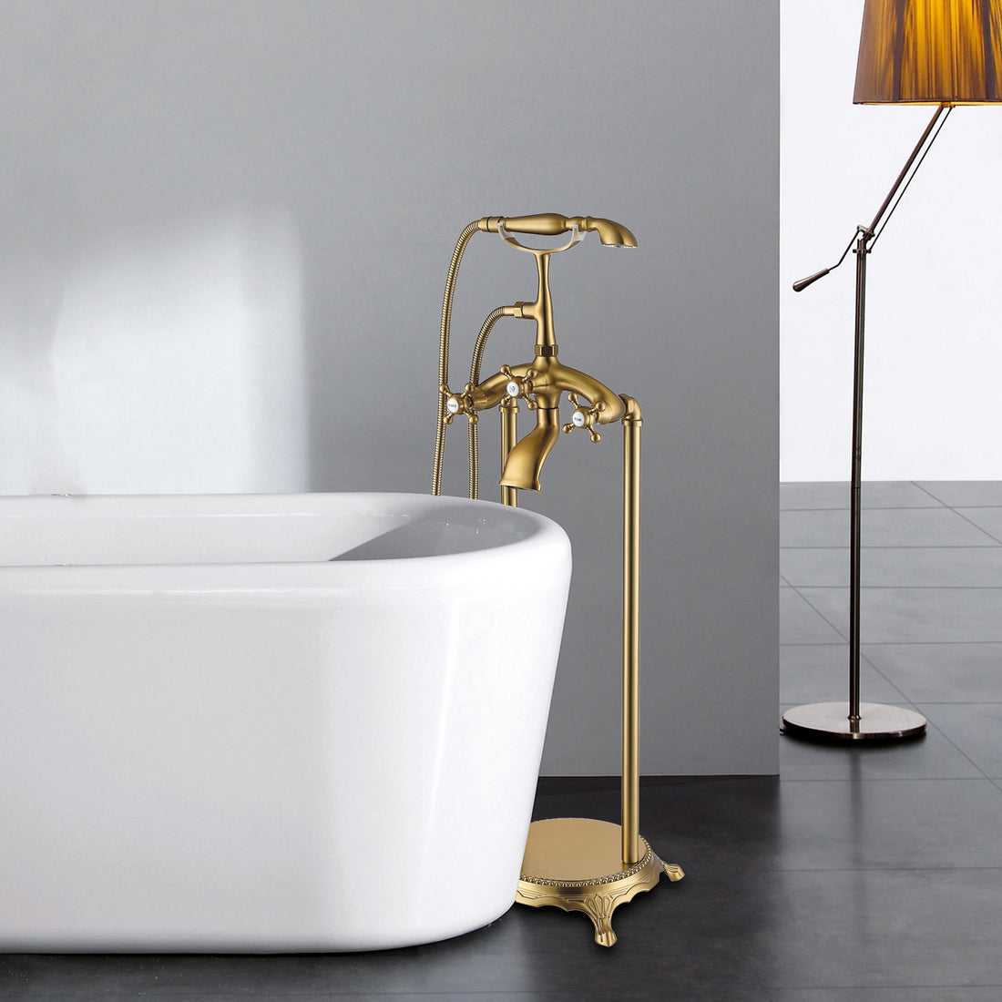 Freestanding Bathtub Faucet With Hand Shower Brushed Gold Metal