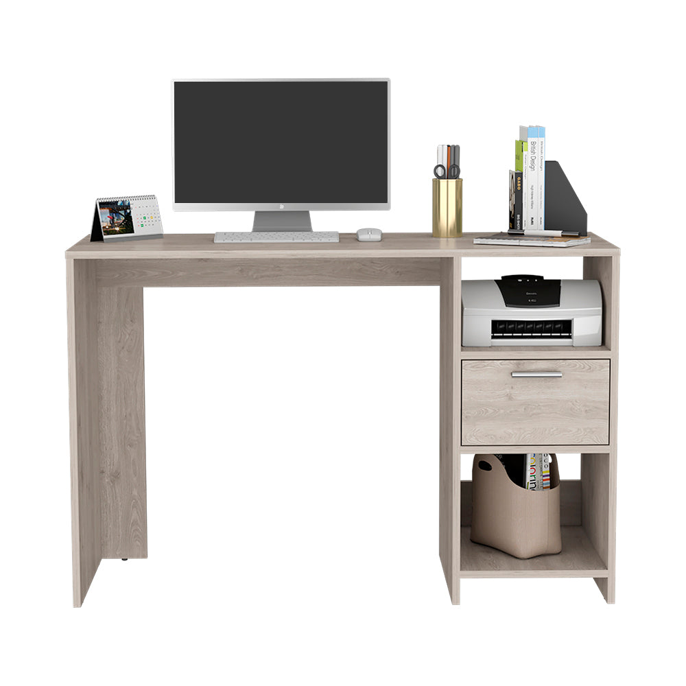 Computer Desk Odessa With Single Drawer And Open Storage Cabinets, Light Gray Finish Light Gray Particle Board