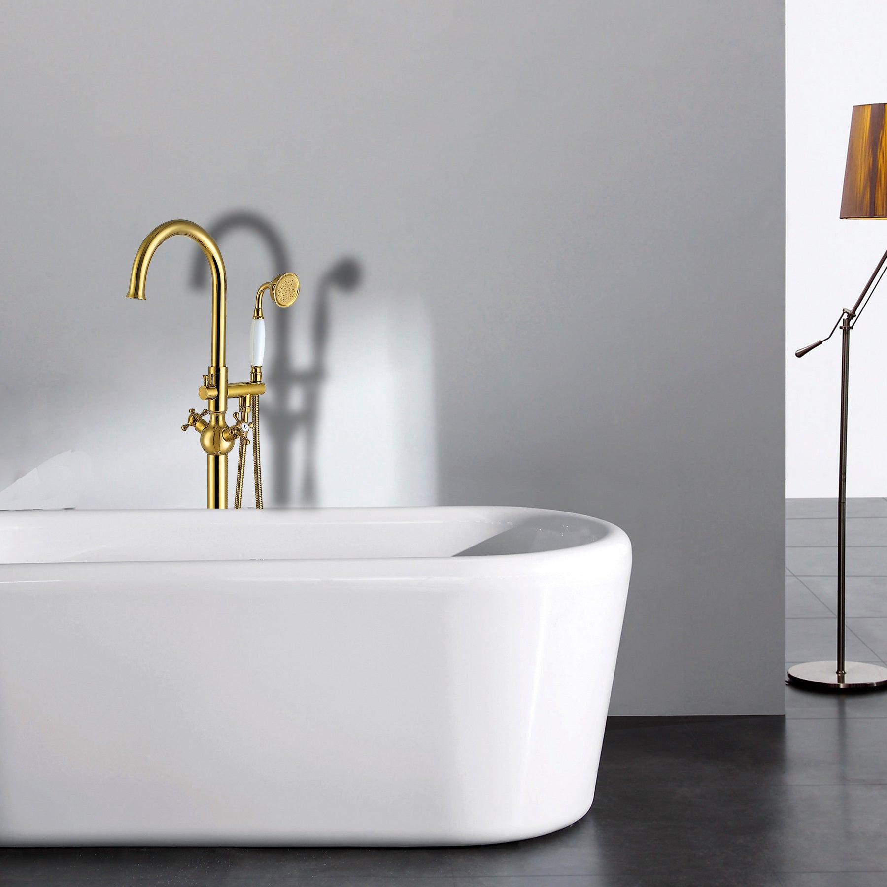 Freestanding Bathtub Faucet With Hand Shower Gold Metal