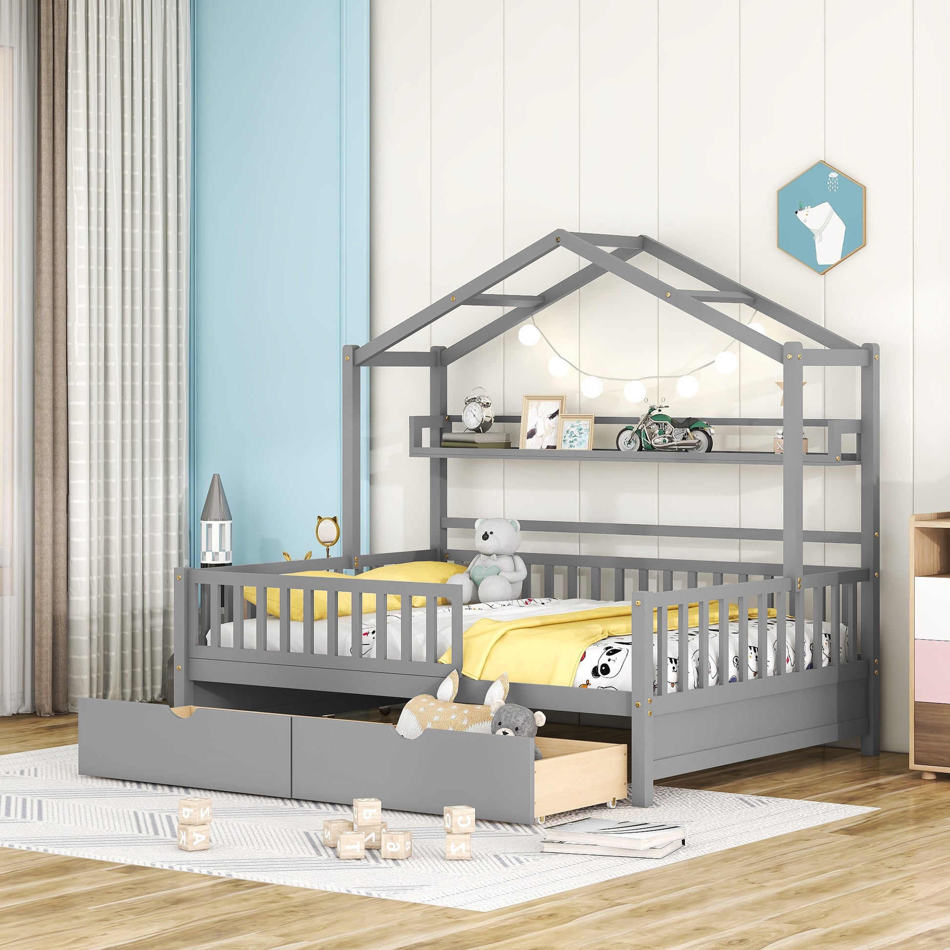 Wooden Full Size House Bed With 2 Drawers,Kids Bed With Storage Shelf, Gray Gray Wood