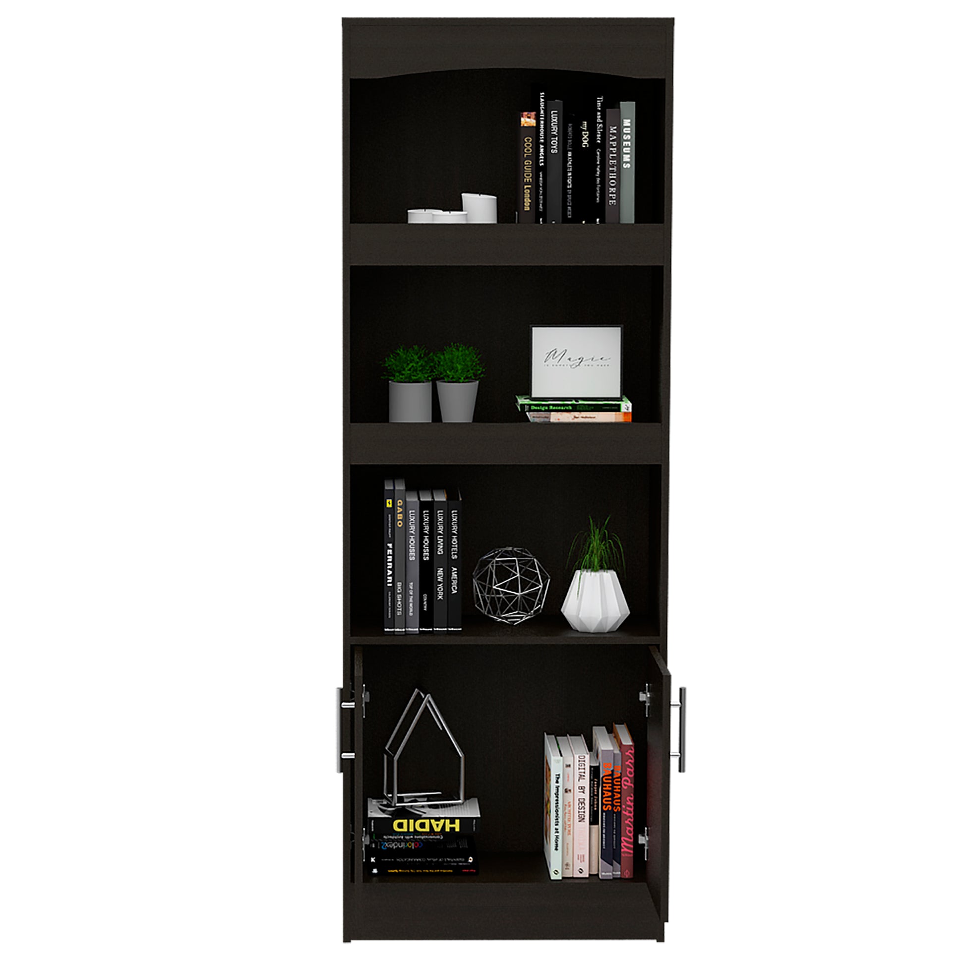 Bookcase Denver, Metal Hardware, Black Wengue Finish Black Particle Board