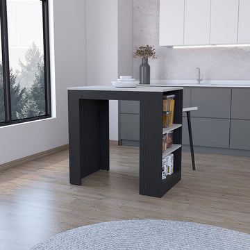 Kitchen Island Doyle, Three Side Shelves, Black Ibiza Marble Color Finish Black Particle Board