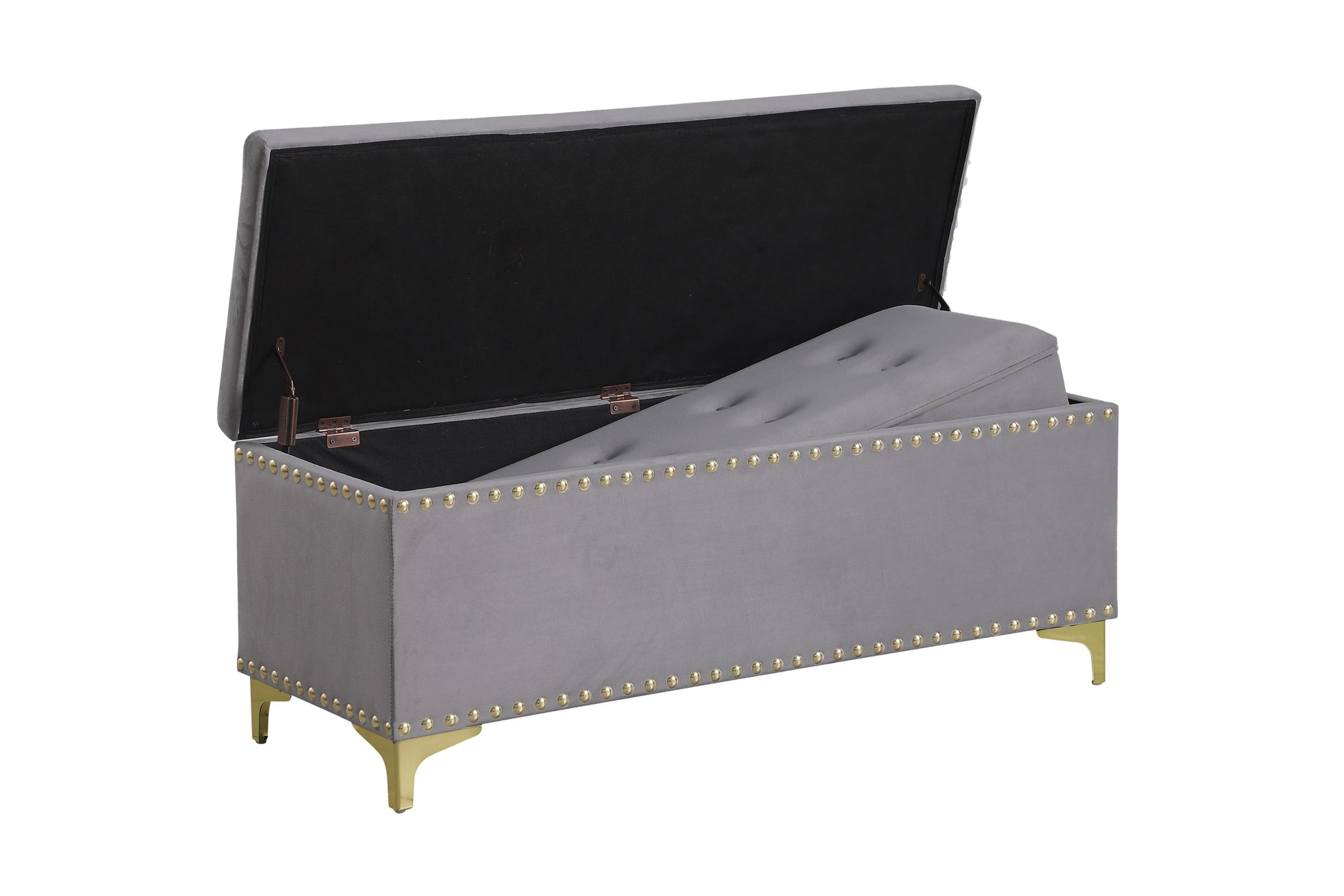 Large Storage Benches Set, Trim 2 In 1 Combination Benches, Tufted Velvet Benches With Gold Leg For Living Room, Entryway, Hallway, Bedroom Support 250Lbs Light Gray Fabric