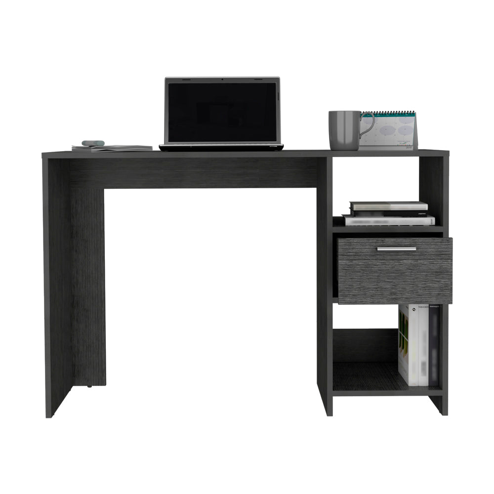 Computer Desk Odessa With Single Drawer And Open Storage Cabinets, Smokey Oak Finish Gray Particle Board