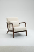 Mid Century Modern Accent Chair With Wood Frame, Upholstered Living Room Chairs With Waist Cushion, Reading Armchair For Bedroom Sunroom White Cotton Velvet