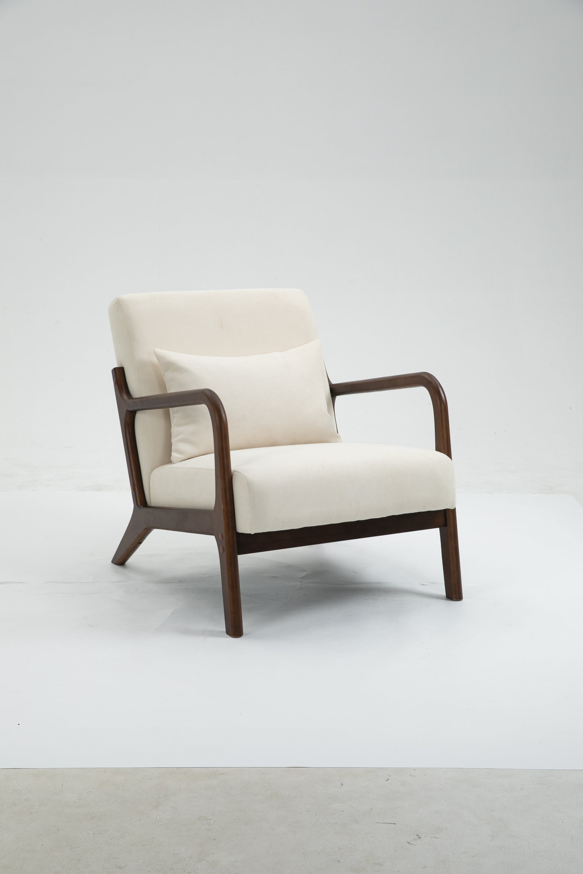 Mid Century Modern Accent Chair With Wood Frame, Upholstered Living Room Chairs With Waist Cushion, Reading Armchair For Bedroom Sunroom White Cotton Velvet