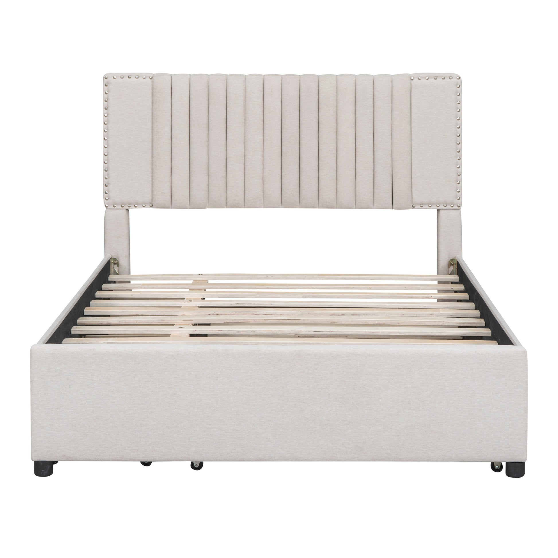 Full Size Upholstered Platform Bed With 2 Drawers And 1 Twin Size Trundle, Classic Headboard Design, Beige Full Beige Linen