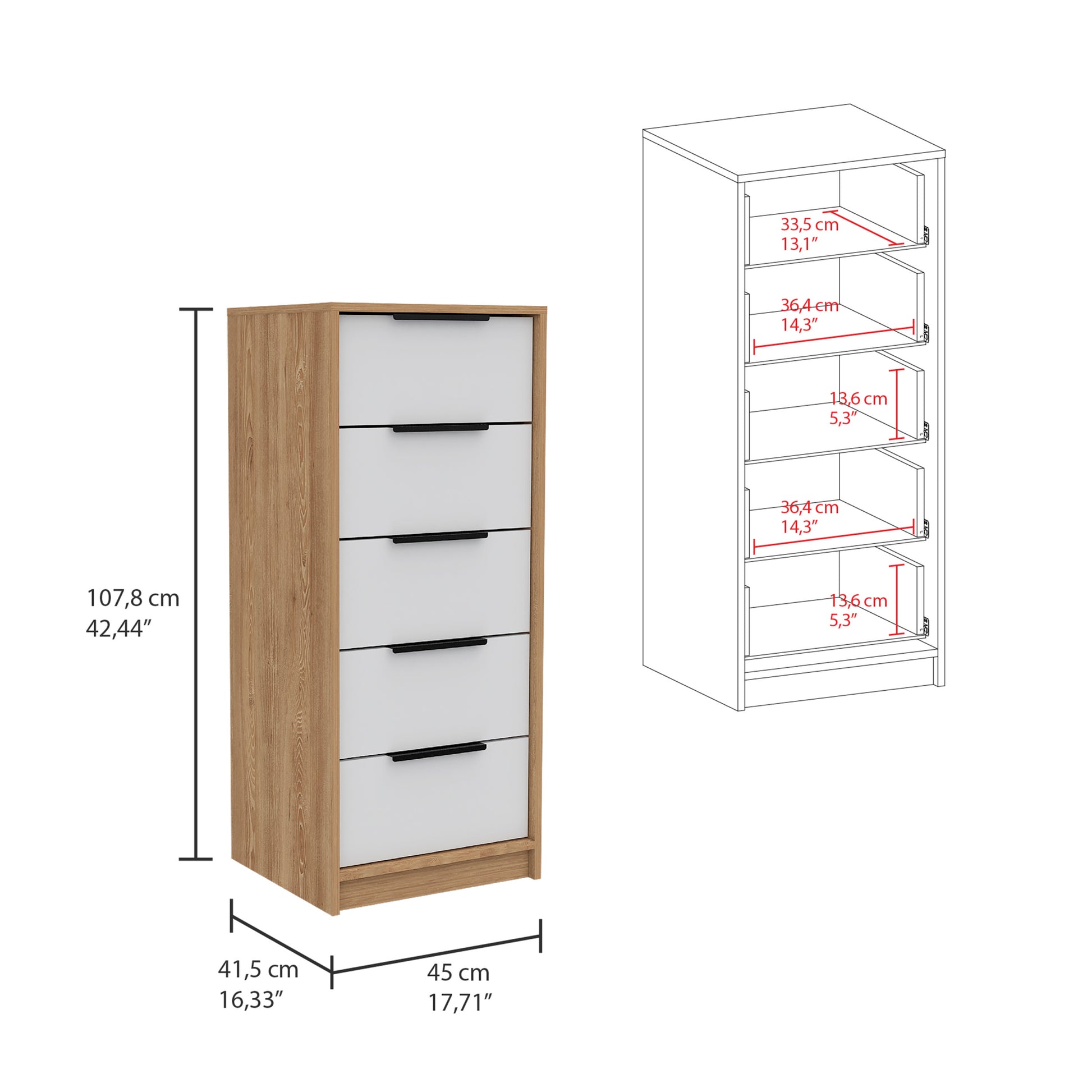 5 Drawers Dresser Maryland, Metal Handle, White Pine Finish Multicolor Particle Board