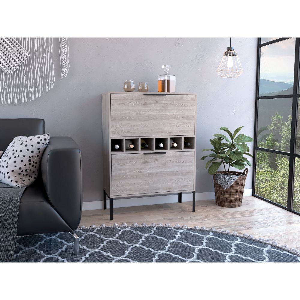 Bar Cabinet Puertu, Six Wine Cubbies, Double Door Cabinet, Light Gray Finish Light Gray Particle Board