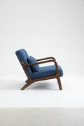 Mid Century Modern Accent Chair With Wood Frame, Upholstered Living Room Chairs With Waist Cushion, Reading Armchair For Bedroom Sunroom Blue Cotton Velvet