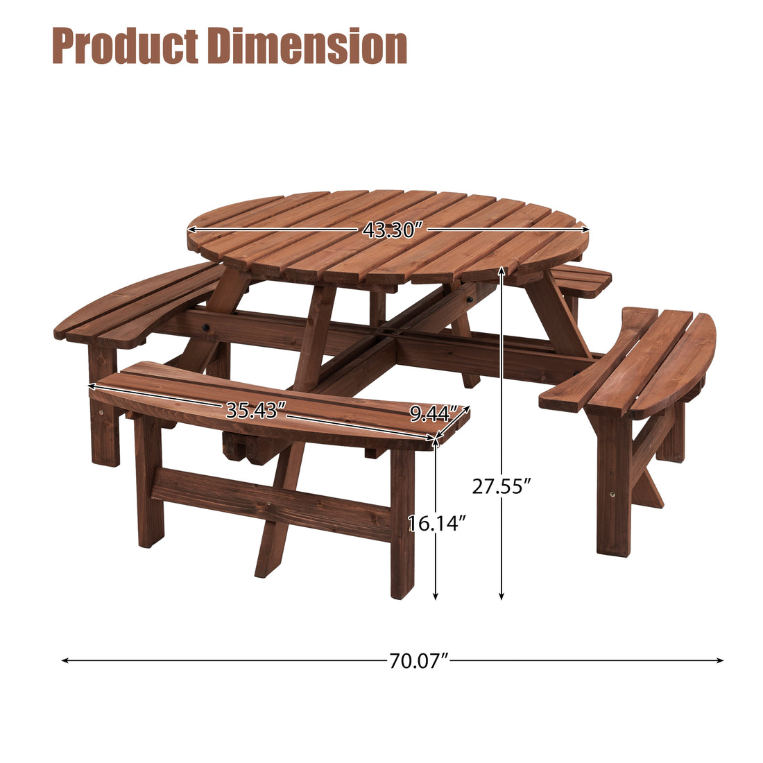 8 Person Wooden Picnic Table, Outdoor Camping Dining Table With Seat, Garden, Diy W 4 Built In Benches, 2220Lb Capacity Brown Solid Wood