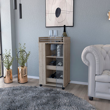 Bar Cart With Two Side Shelves Beaver, Glass Door And Upper Surface, Light Gray Finish Light Gray Particle Board