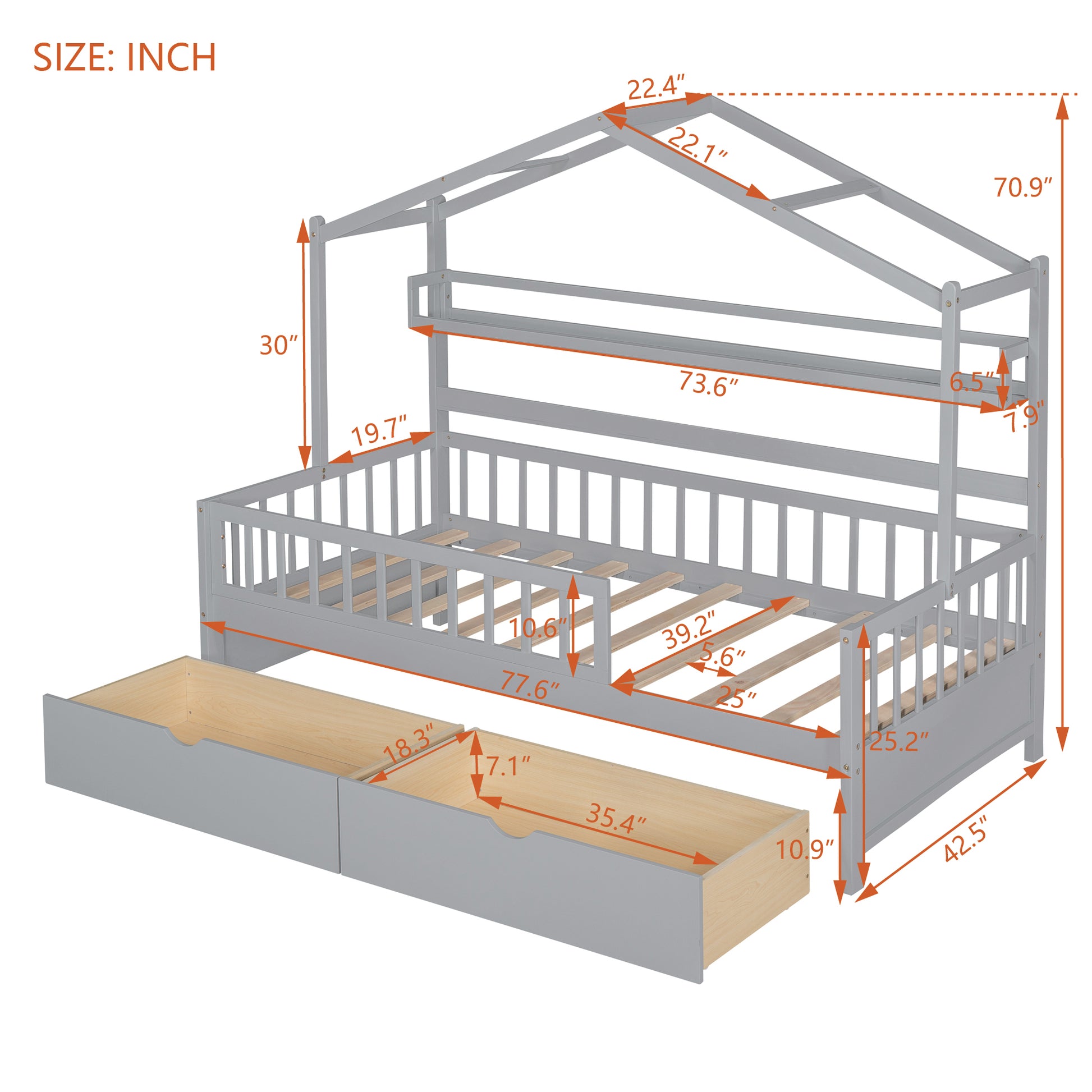 Wooden Twin Size House Bed With 2 Drawers,Kids Bed With Storage Shelf, Gray Gray Wood