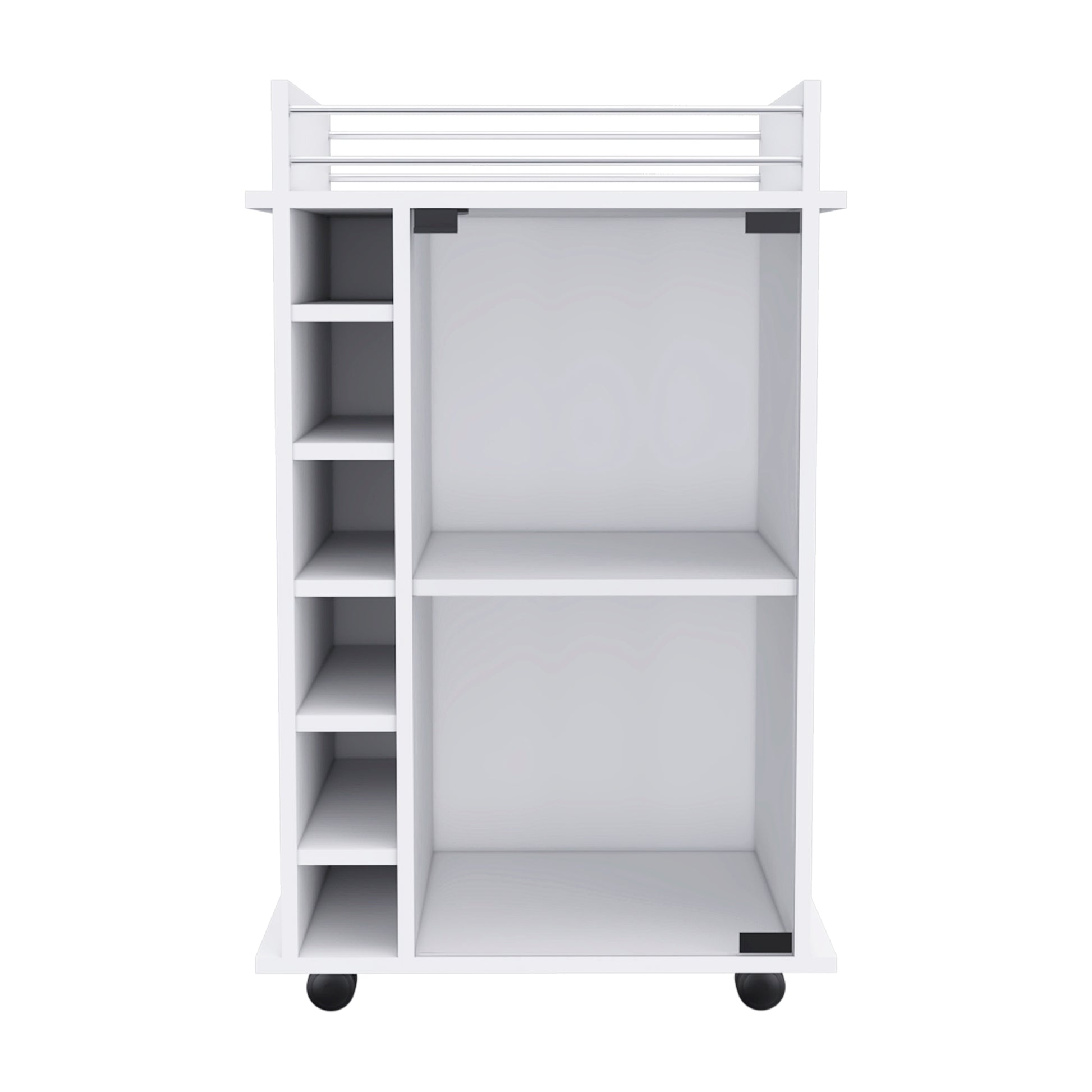 Bar Cart Baltimore, Six Wine Cubbies, Glass Door, Four Caster, Two Shelves, White Finish White Particle Board