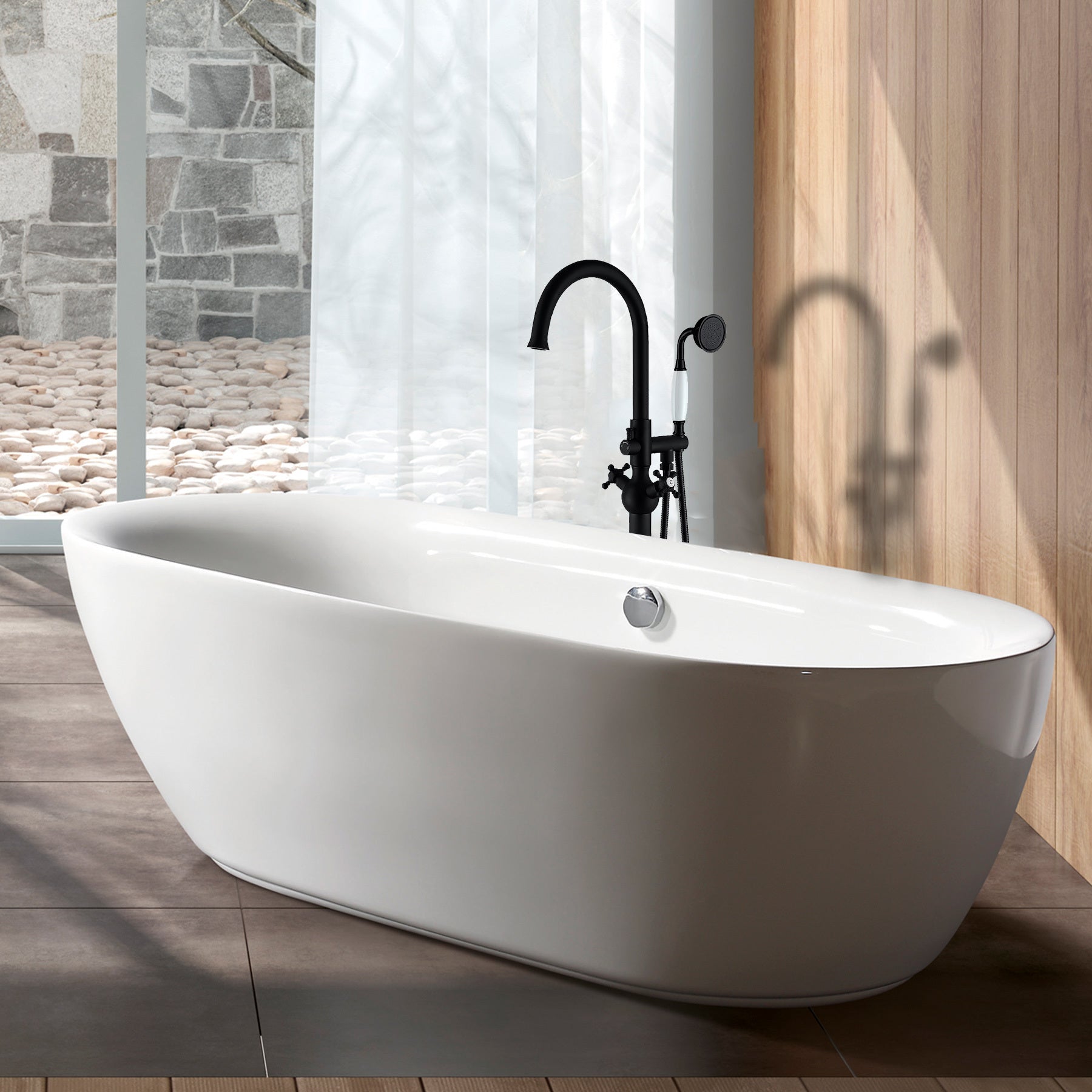 Freestanding Bathtub Faucet With Hand Shower Matte Black Metal