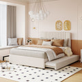 Full Size Upholstered Platform Bed With 2 Drawers And 1 Twin Size Trundle, Classic Headboard Design, Beige Full Beige Linen