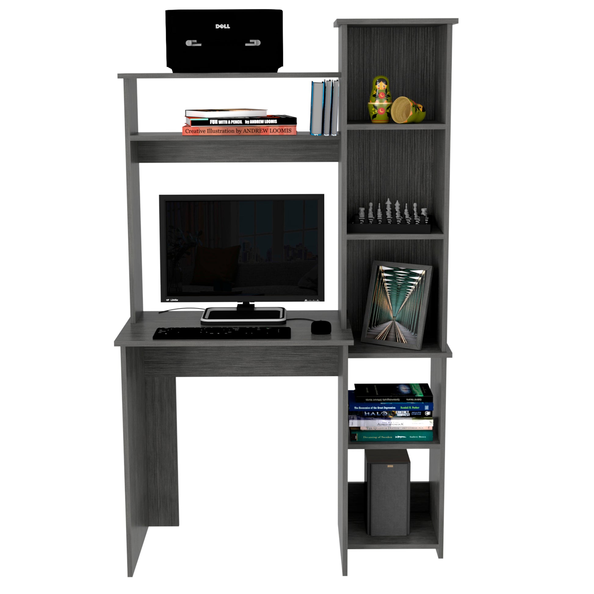 Desk Logan, Five Cubbies, Smokey Oak Finish Gray Particle Board