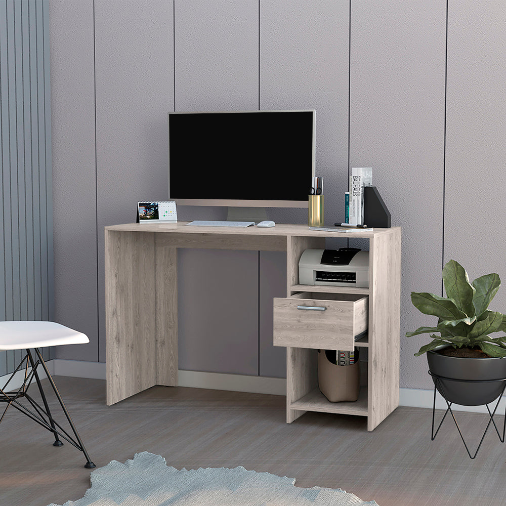 Computer Desk Odessa With Single Drawer And Open Storage Cabinets, Light Gray Finish Light Gray Particle Board