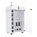 Bar Cart Baltimore, Six Wine Cubbies, Glass Door, Four Caster, Two Shelves, White Finish White Particle Board