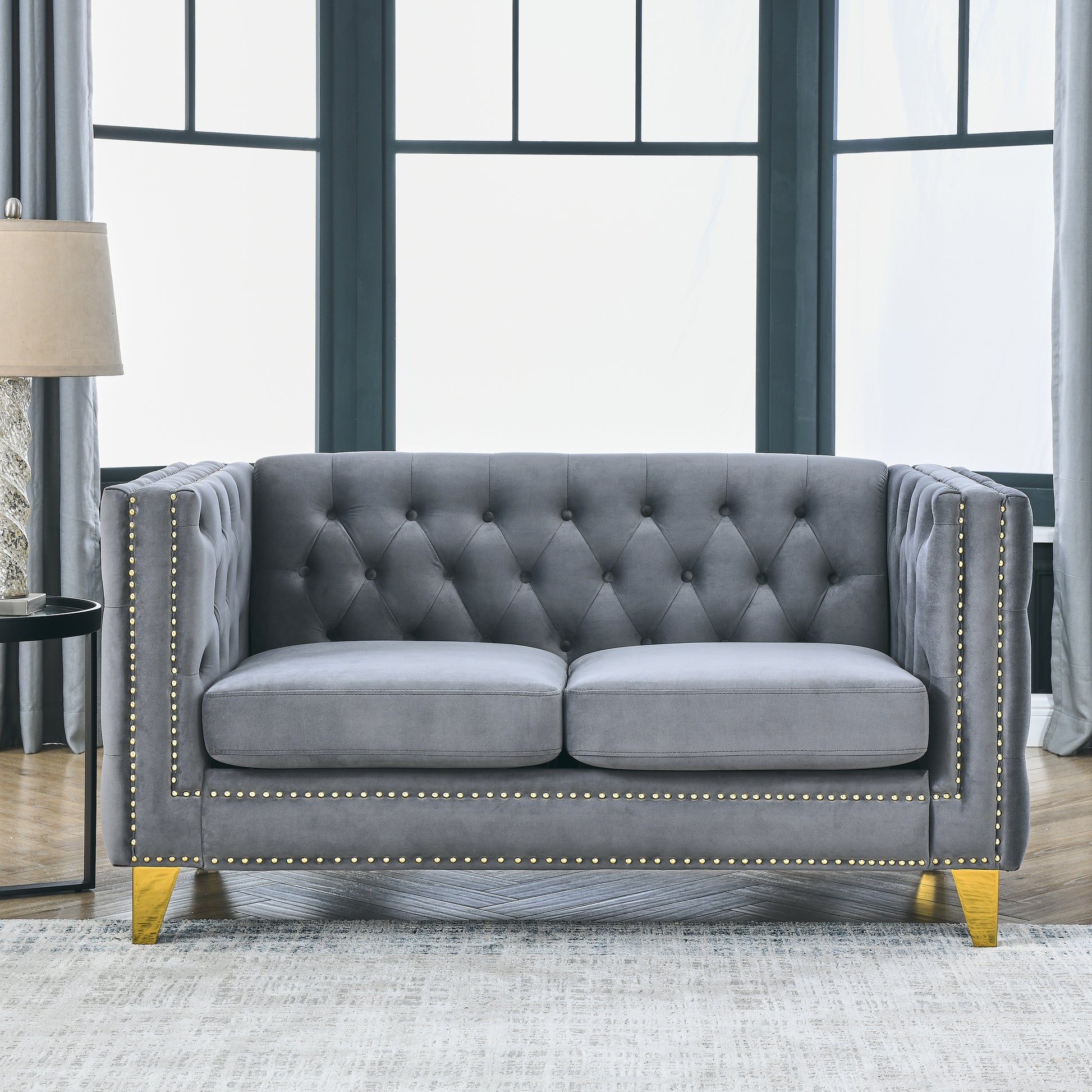 Contact Us For 3D Modeling Velvet Sofa For Living Room,Buttons Tufted Square Arm Couch, Modern Couch Upholstered Button And Metal Legs, Sofa Couch For Bedroom, Grey Velvet 2S Gray Foam Velvet