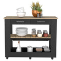 Kitchen Island 46 Inches Dozza, Two Drawers, Black Wengue Light Oak Finish Light Oak Particle Board