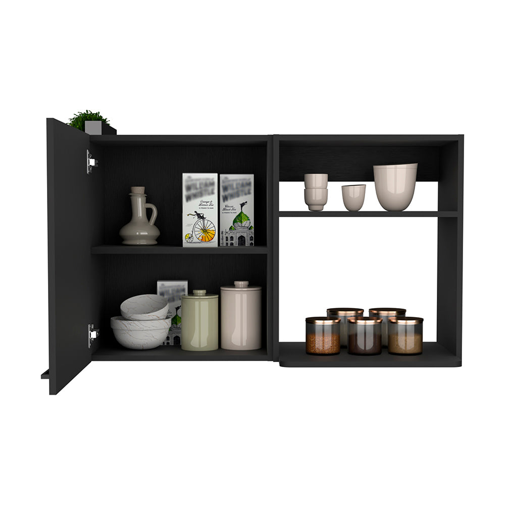 Kitchen Wall Cabinet Bussolengo, Two Shelves, Black Wengue Finish Black Particle Board