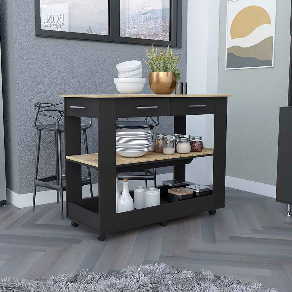 Kitchen Island 46 Inches Dozza, Two Drawers, Black Wengue Light Oak Finish Light Oak Particle Board