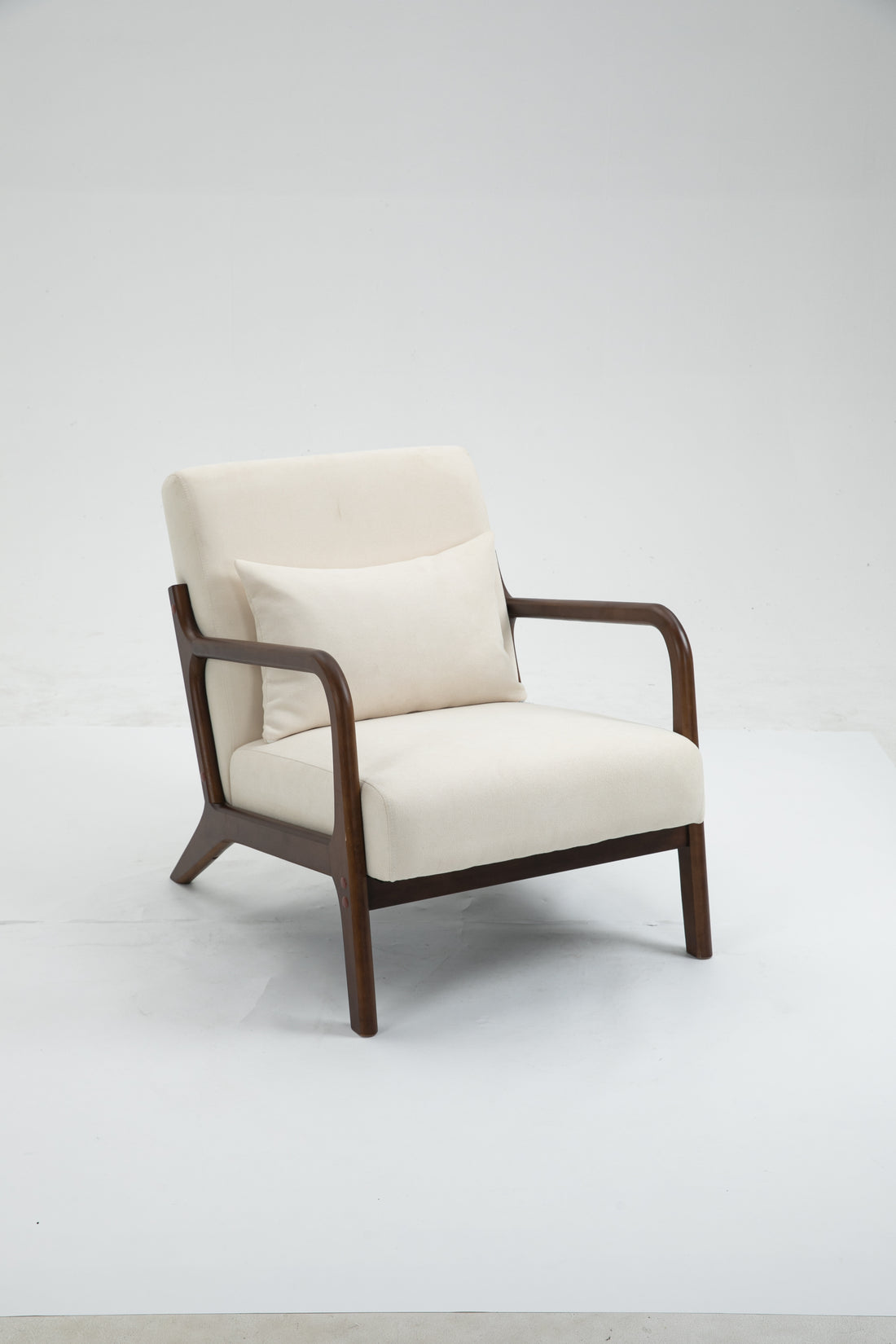 Mid Century Modern Accent Chair With Wood Frame, Upholstered Living Room Chairs With Waist Cushion, Reading Armchair For Bedroom Sunroom White Cotton Velvet