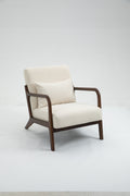 Mid Century Modern Accent Chair With Wood Frame, Upholstered Living Room Chairs With Waist Cushion, Reading Armchair For Bedroom Sunroom White Cotton Velvet