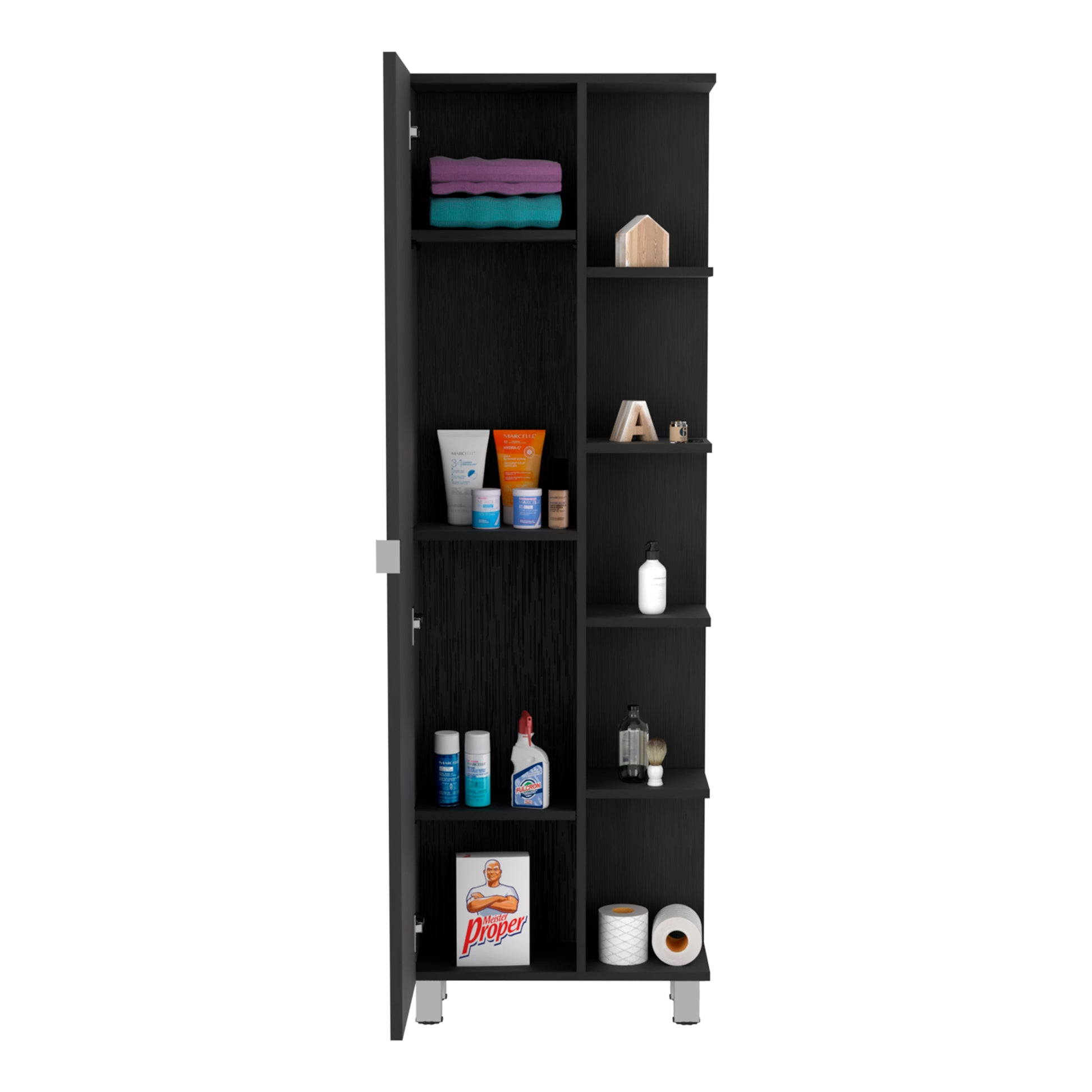 Corner Cabinet Womppi, Five Open Shelves, Single Door, Black Wengue Finish Black Particle Board